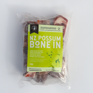 An image of a packet of frozen possum chunks for dog food.