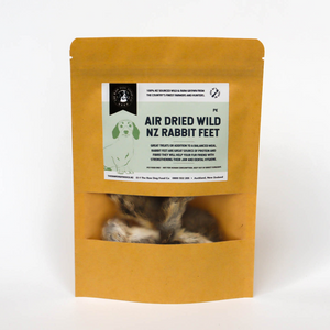 A picture of a packet of air-dried rabbit feet sourced in NZ. 