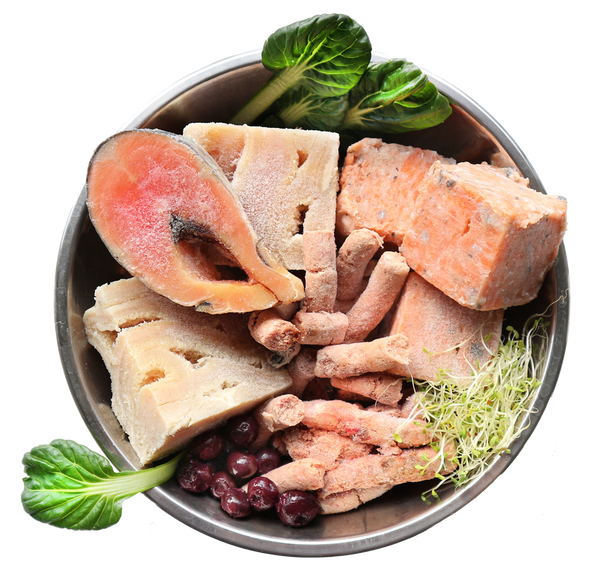A bowl of frozen dog food containing various proteins such as meat and offal.
