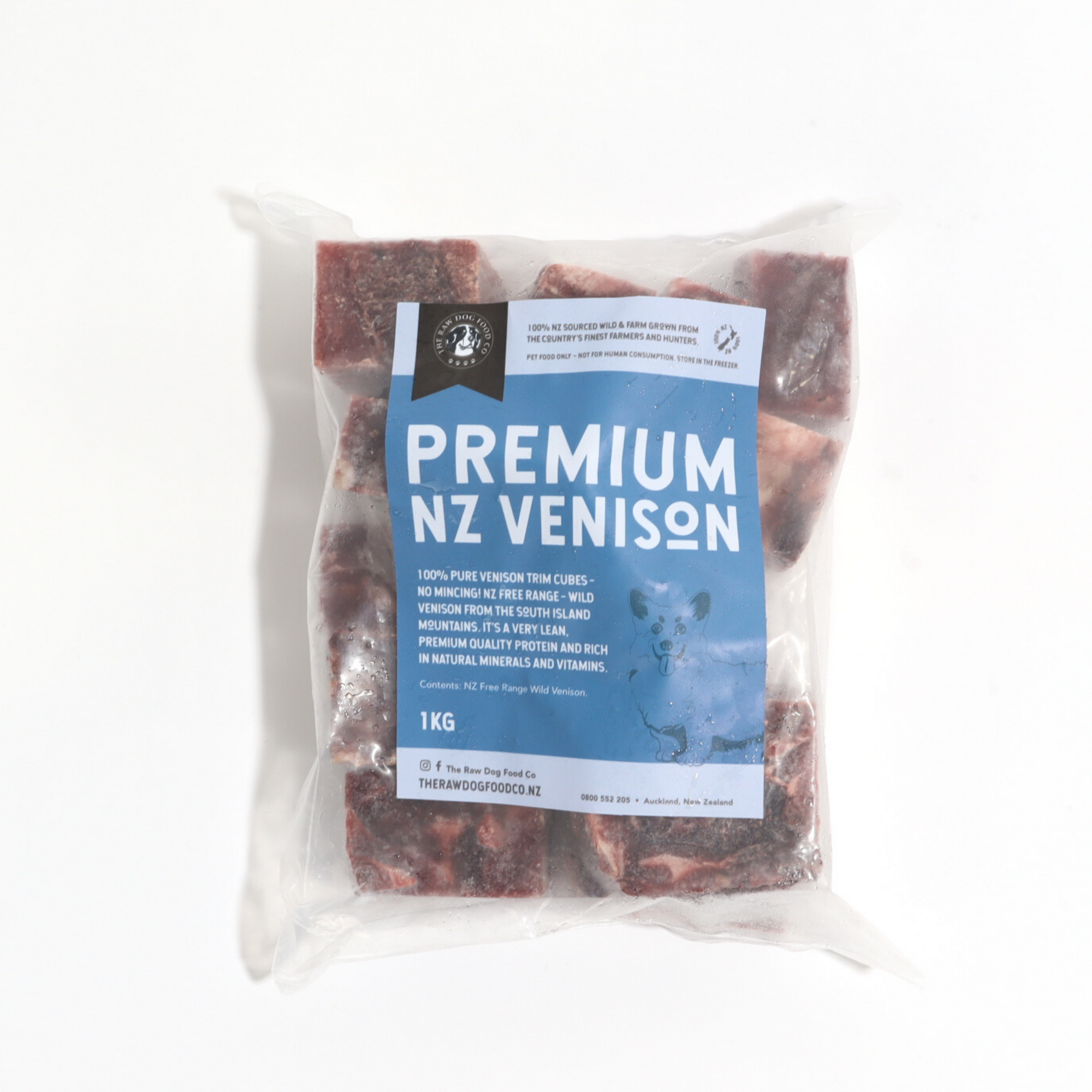 A picture of a bag of frozen venison meat for petfood.